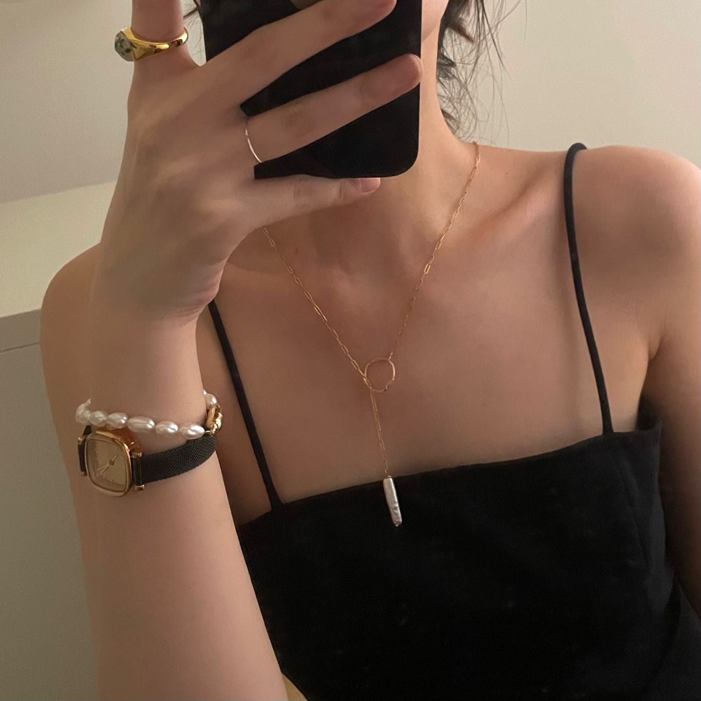 US14KGold Filled LongHoopPearlNecklace