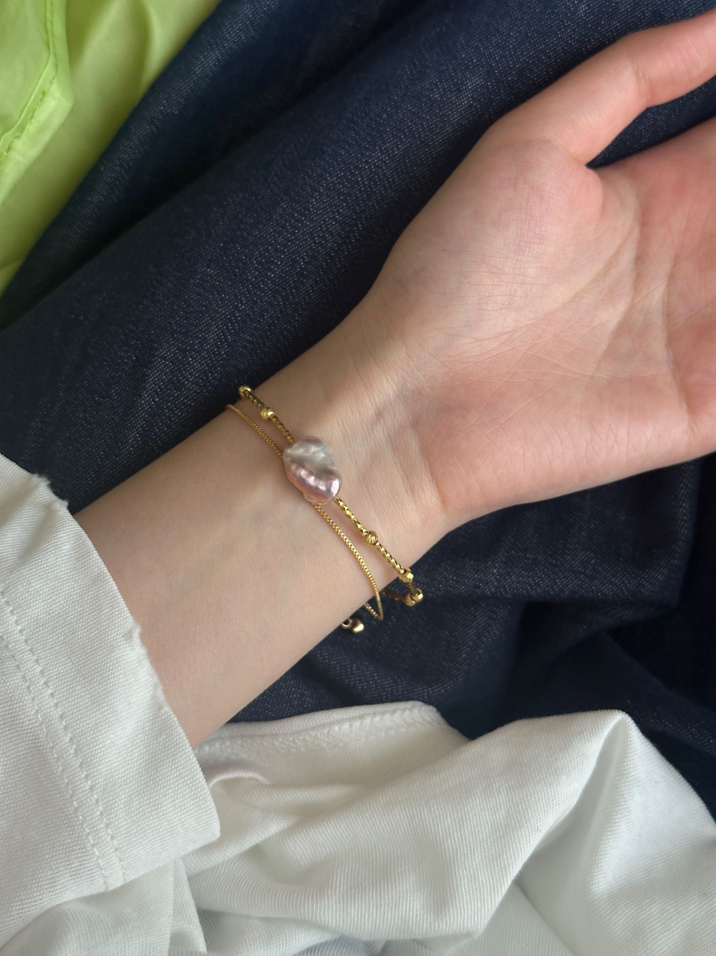 Silver Gold Plated 18K Part 14k Gold Filled Double-layer Wild keshi Bracelet