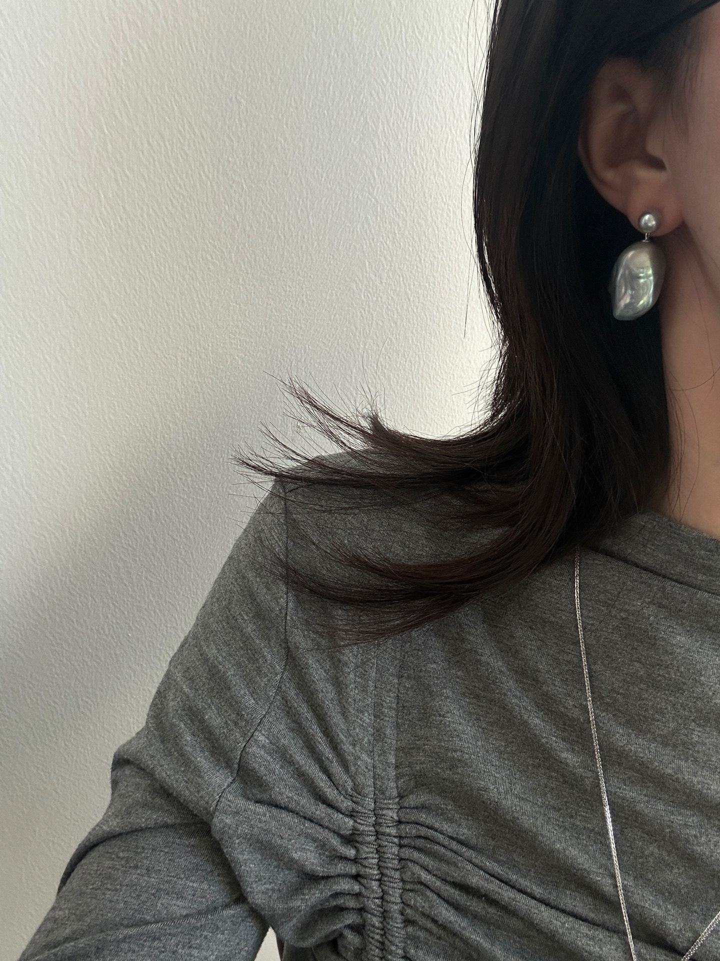 Full Sterling Silver Seawater Madama Freshwater Madama Grey Baroque Double Pearl Earrings