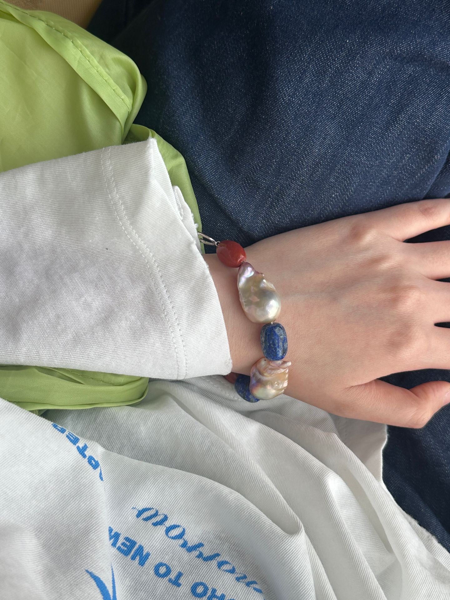 Sterling Silver NaturalBlue StoneRed StoneContrast ColorBracelet