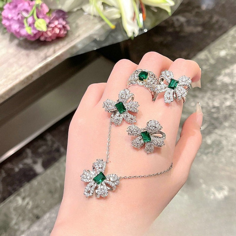 Butterfly Floral Diamond Ring Necklace Earrings Set