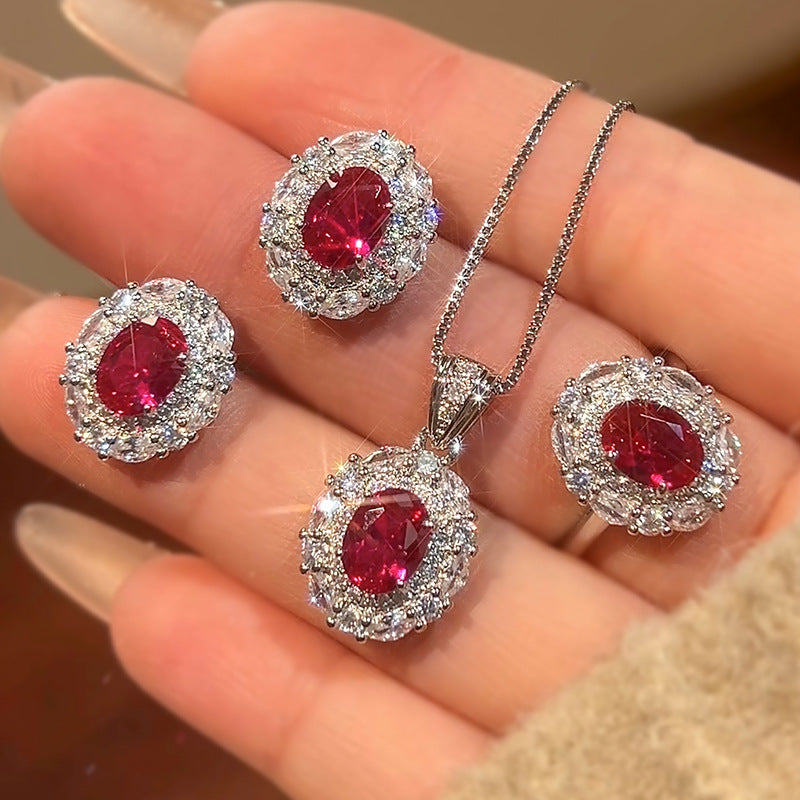 Red Gemstone Jewelry Set Including Necklace, Ring and Earrings