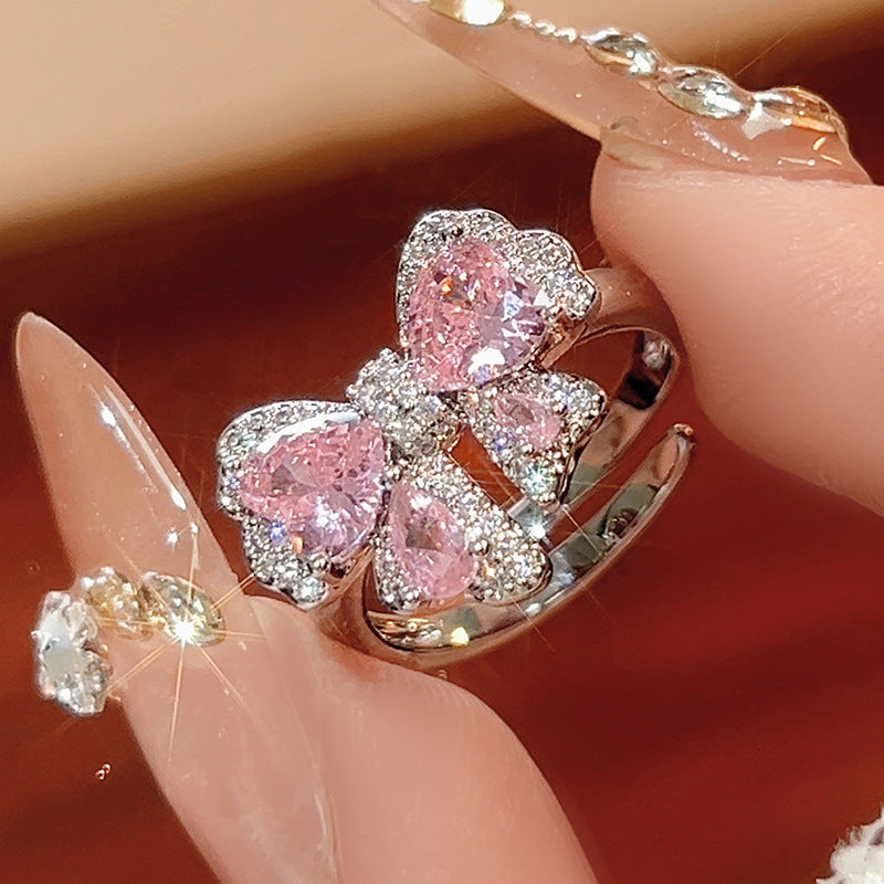 Pink Bow Design Rhinestone Necklace Ring Earrings Jewelry Set