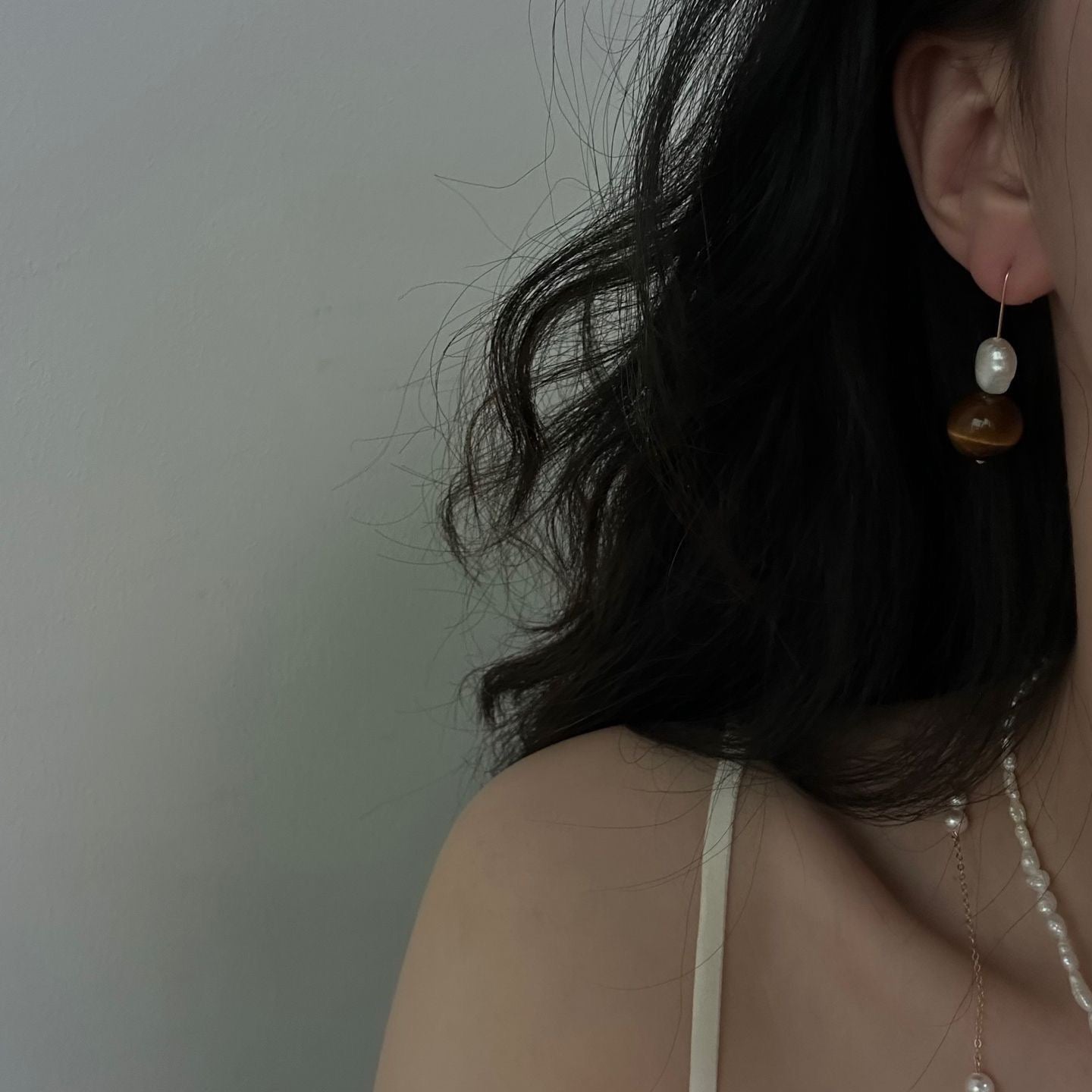Ear Pin(Copper) Amber Pearl Earrings