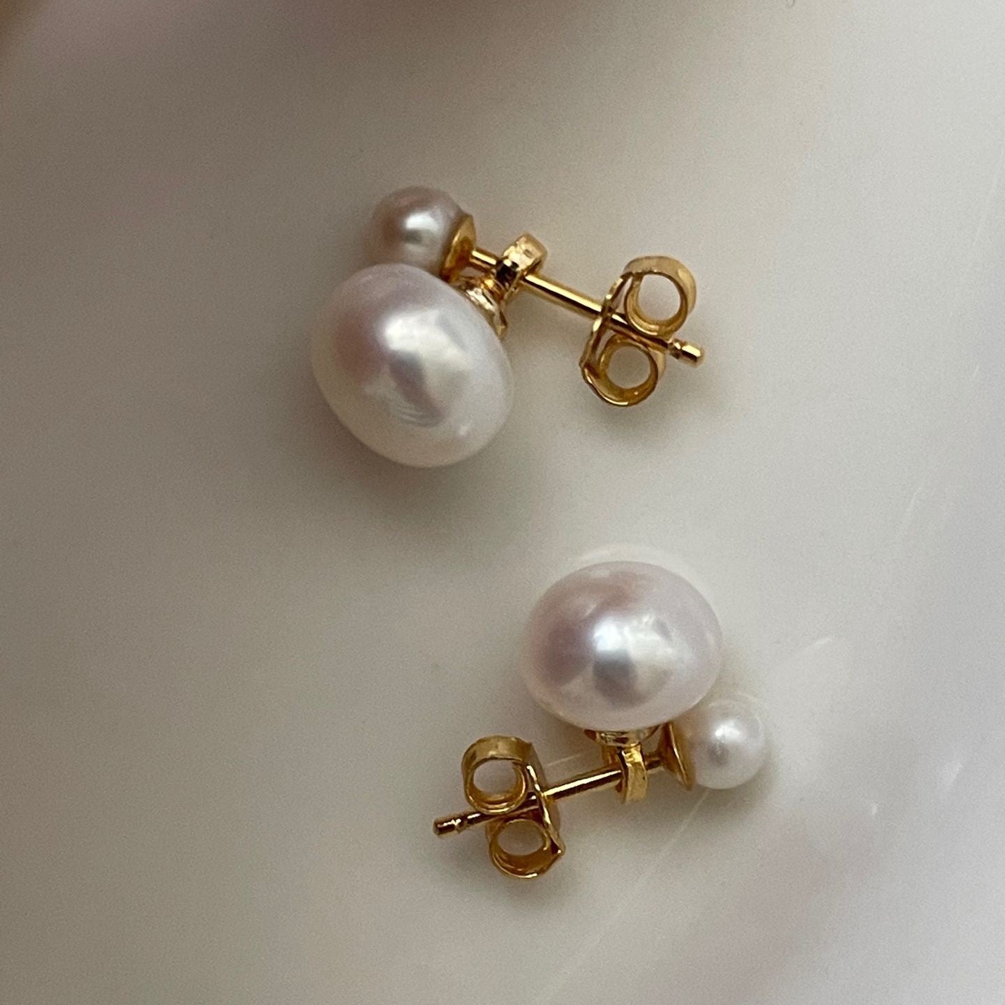 US 14K Gold Filled Double Real Pearl Stud Earrings