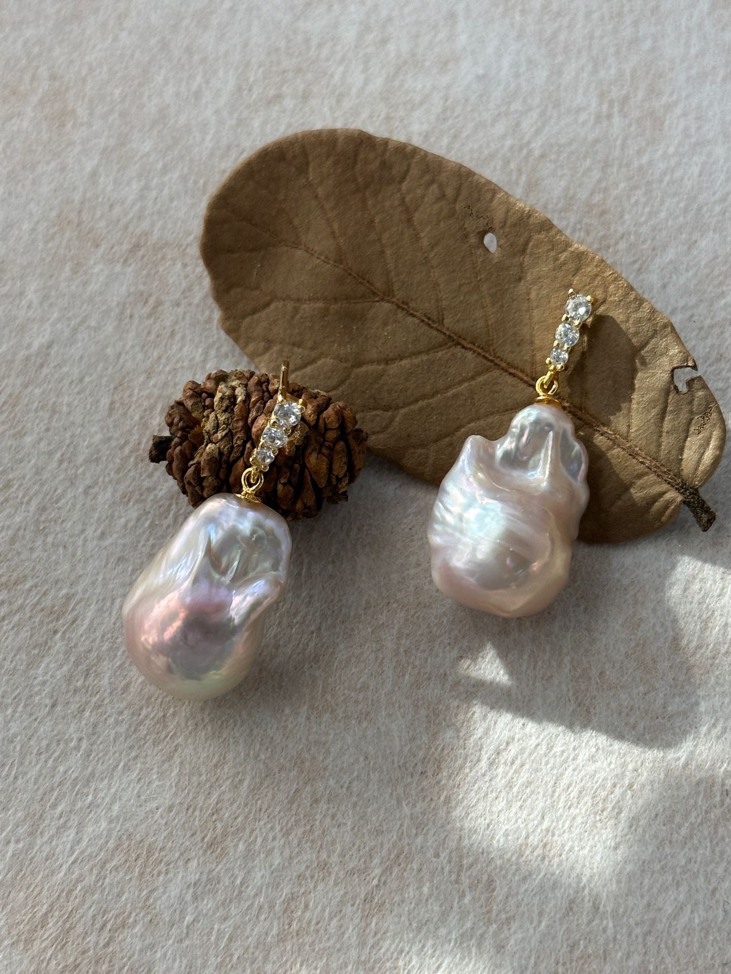 Silver Gold Plated 18K Fairy Pink Large Baroque Earrings