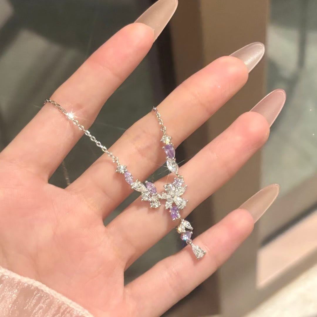 "Wisteria Flower" S925 Solid Sterling Silver Purple Zircon Wisteria Necklace