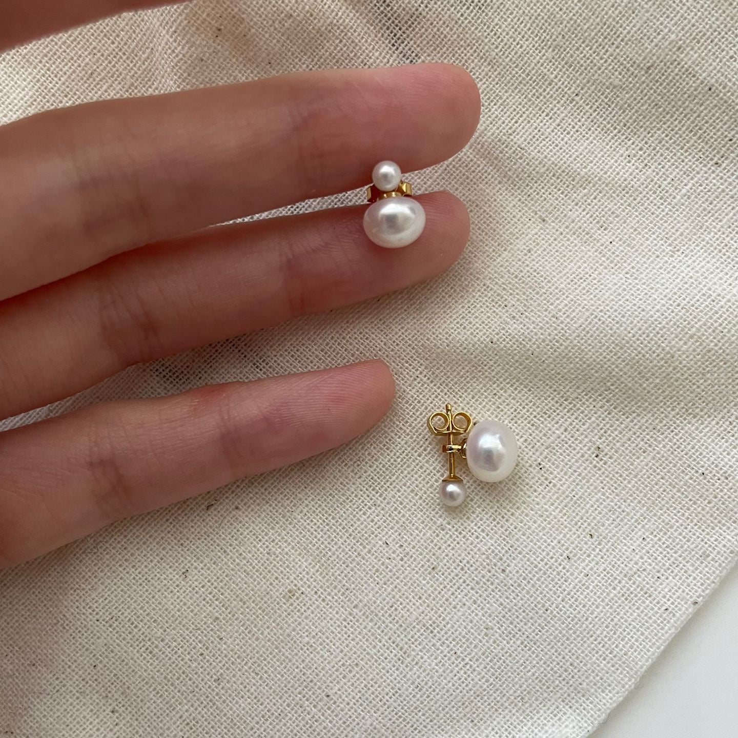 US 14K Gold Filled Double Real Pearl Stud Earrings