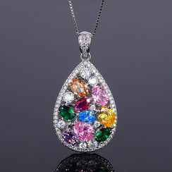 Rainbow Teardrop Crystal Necklace Ring Earrings Jewelry Set