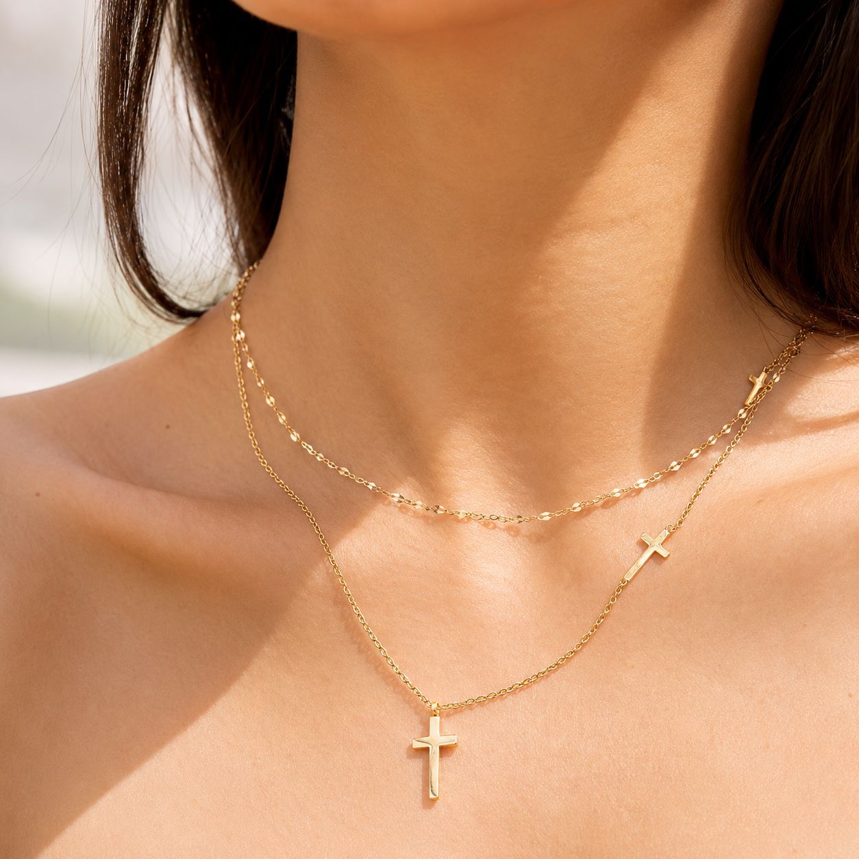 Titanium Steel Cross Double Layer Necklace