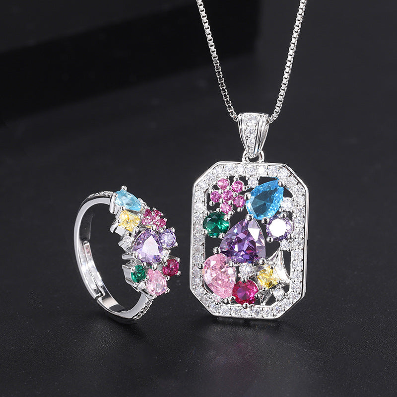 Multi-Color Rhinestone Necklace & Ring Jewelry Set