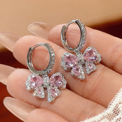 Pink Bow Design Rhinestone Necklace Ring Earrings Jewelry Set