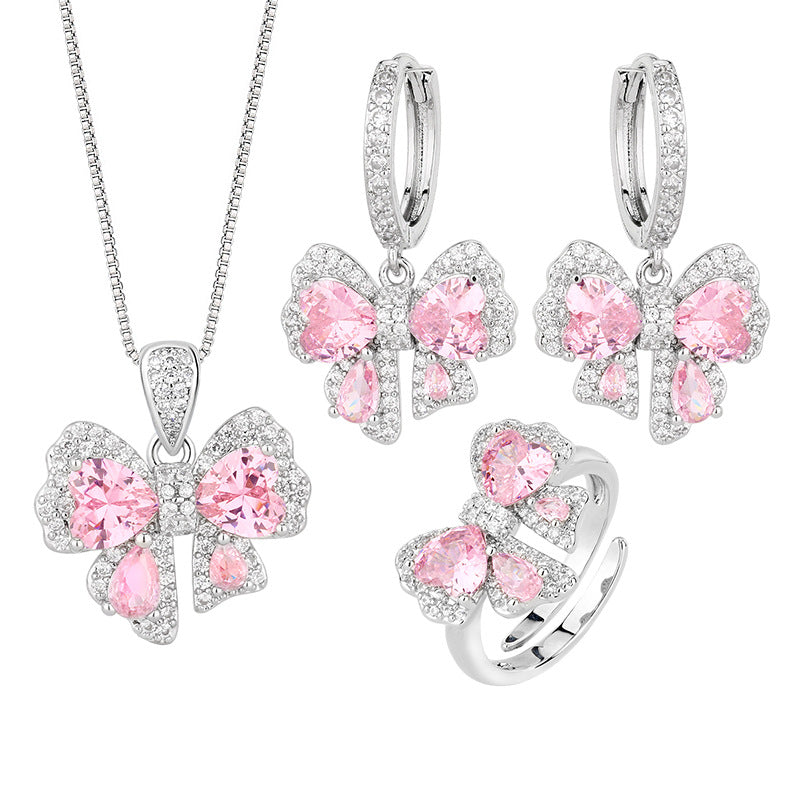 Pink Bow Design Rhinestone Necklace Ring Earrings Jewelry Set