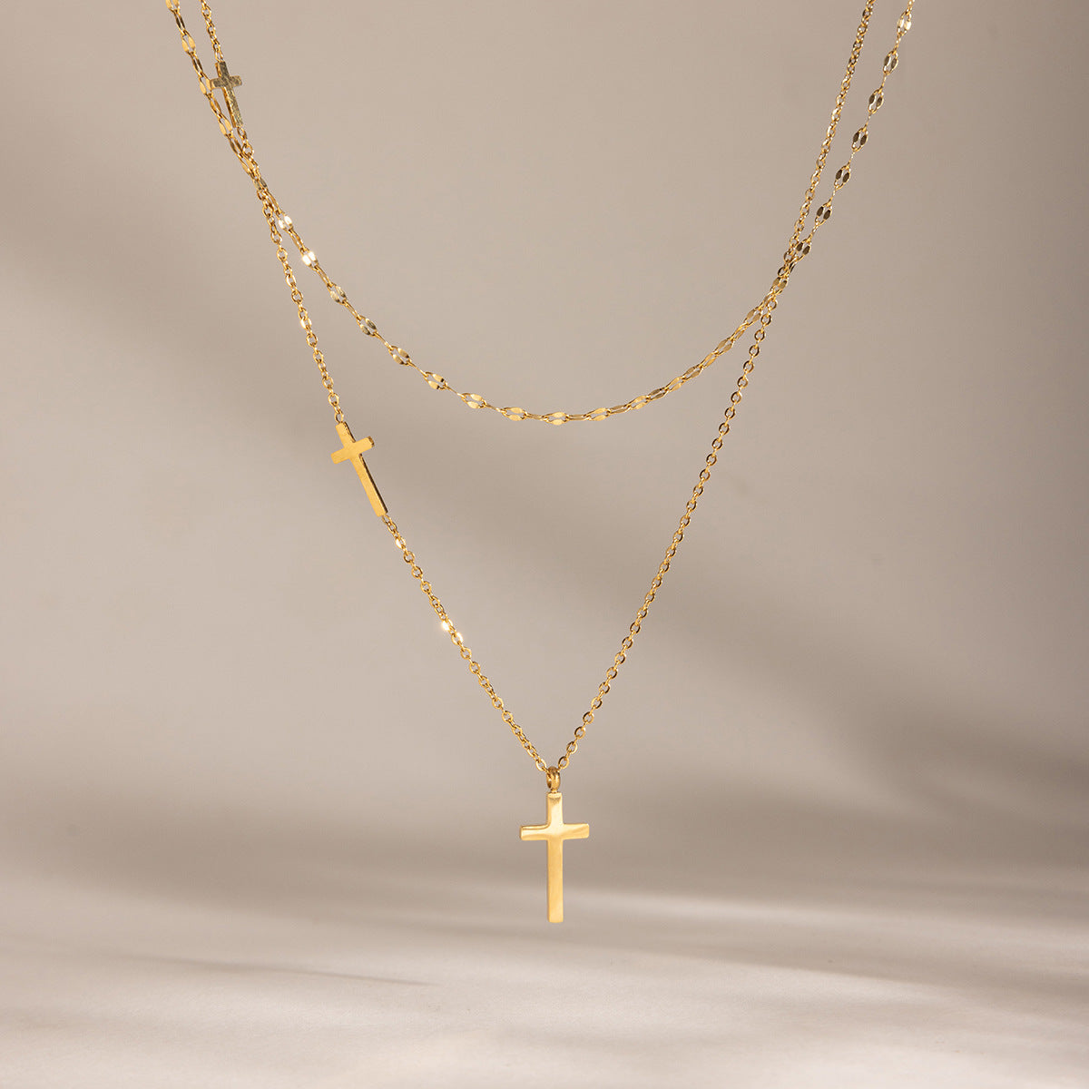 Titanium Steel Cross Double Layer Necklace