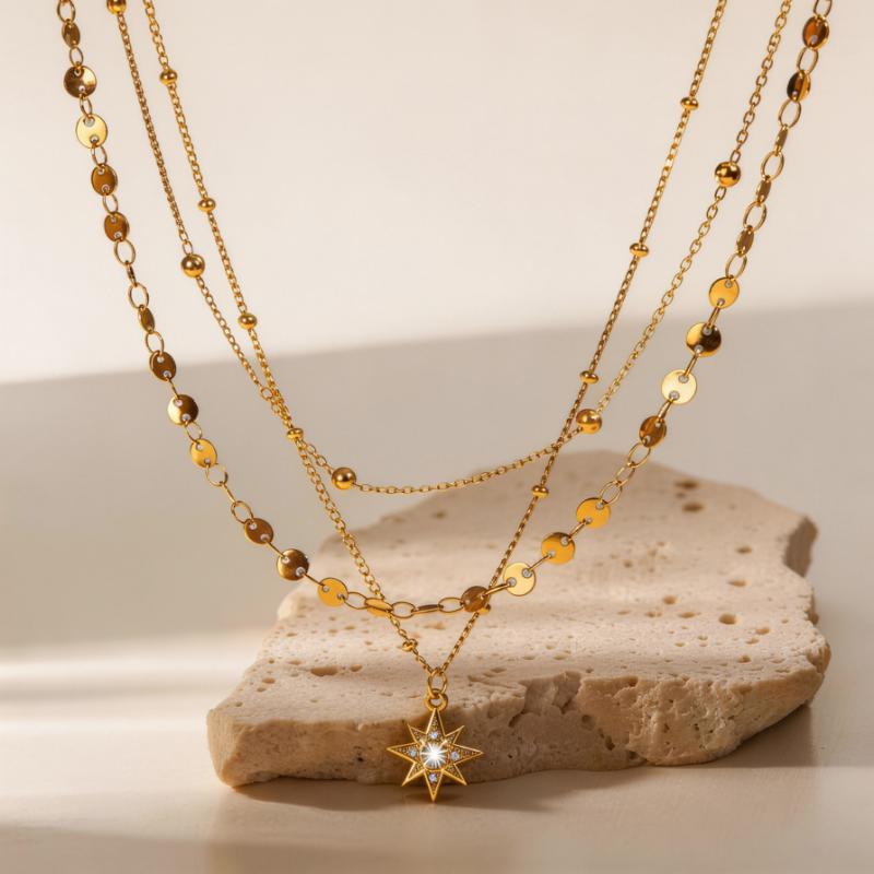 Titanium Steel Four-Sided Three-Layer Pendant Necklace