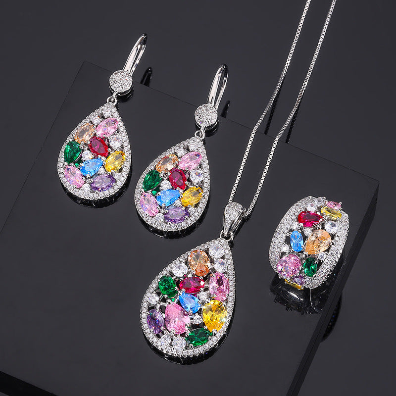 Rainbow Teardrop Crystal Necklace Ring Earrings Jewelry Set