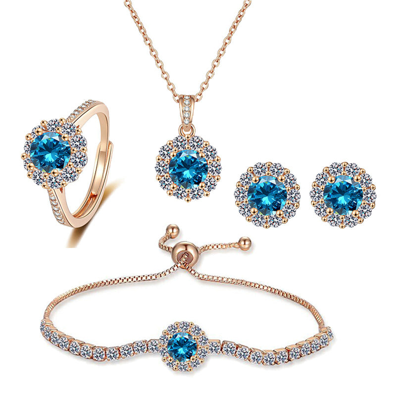 Bright Galaxy Champagne Gold Ring Earrings Necklace Bracelet Jewelry Set